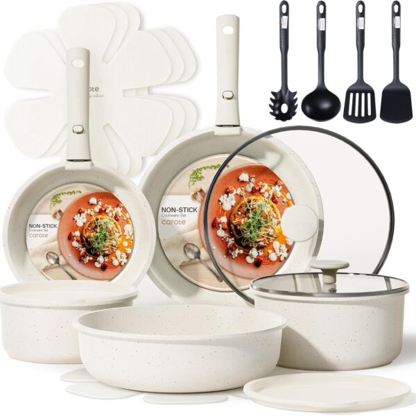 CAROTE 19pcs Pots and Pans Set, Nonstick Cookware Set Detachable Handle, Induction Kitchen Cookware Sets Non Stick with Removable Handle, RV Cookware Set, Oven Safe