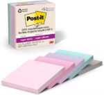 Post-it 100% Recycled Paper Super Sticky Notes, 3 in. x 3 in., 5 Pads, 70 Sheets per Pad, Wanderlust Pastels, School Supplies and Office Products