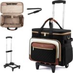 LOVEVOOK Rolling Teacher Bag with Detachable Dolly and Laptop Compartment, Large Rolling Tote Bag fits for 17.3" Laptop for Teacher Office Work Craft Nurse, Quilted-Black-beige-brown