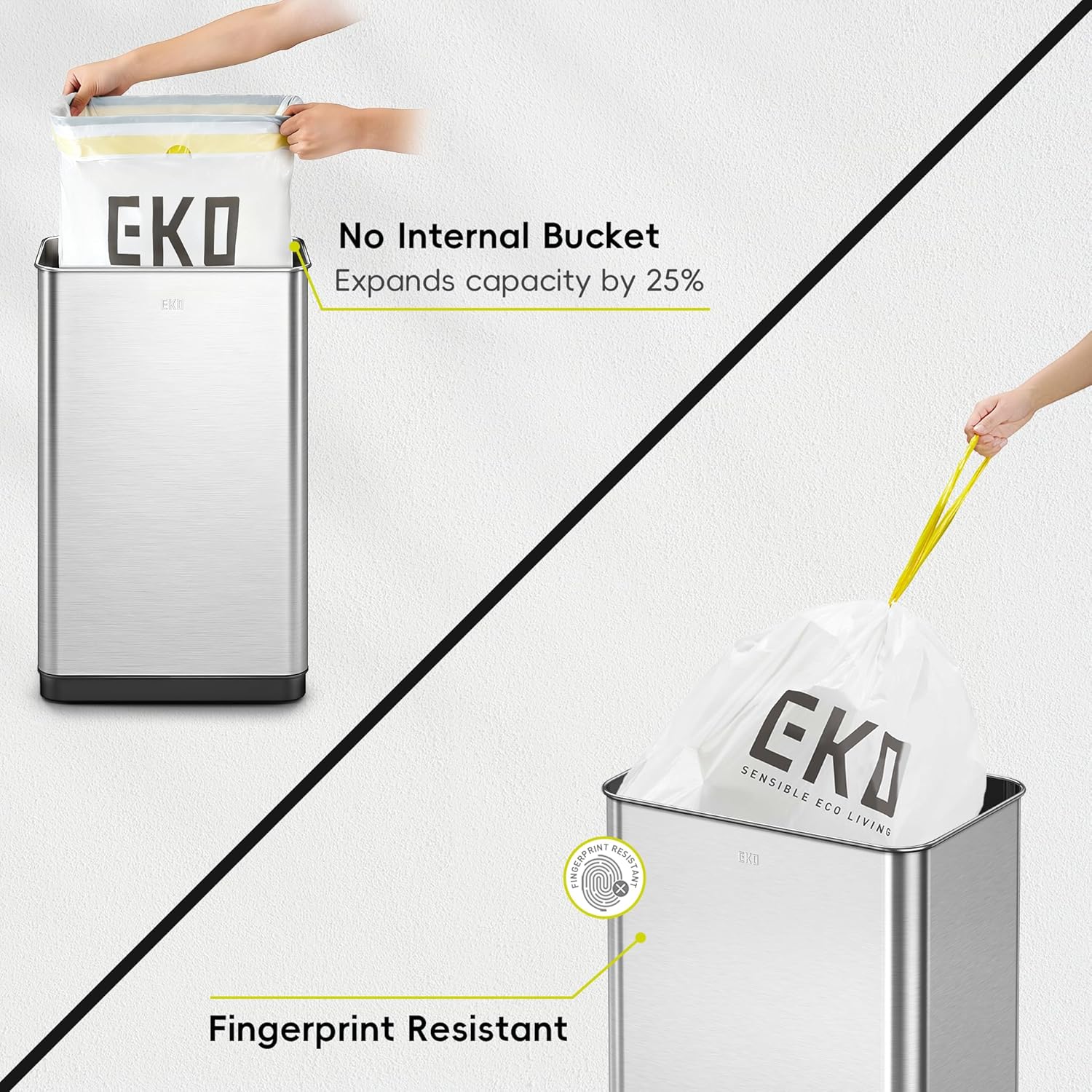 81mVO80OF8L._AC_SL1500_ EKO Mirage-T 50 Liter / 13.2 Gallon Touchless Rectangular Motion Sensor Trash Can or Recycling Bin, Brushed Stainless Steel Finish - Image 1