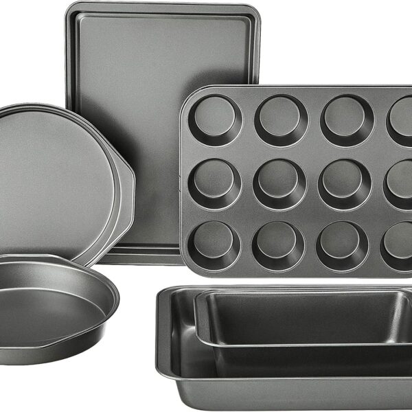 Amazon Basics 6 Piece Nonstick Carbon Steel Bakeware Set with Cake, Muffin, Cookie, and Loaf Pans, Easy Release, Oven Safe, 16.25 x 11.75 x 6.25 inches